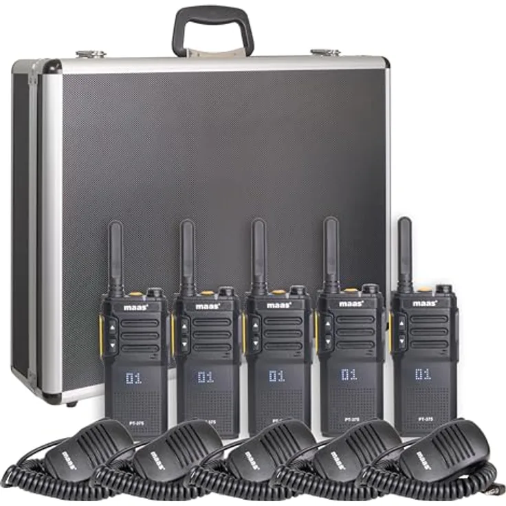 MAAS 5er Team-Set PT-375, PMR446 Funkgerät mit 99 Kanälen, spritzwassergeschützt, inkl. Speakermikes im Funkkoffer