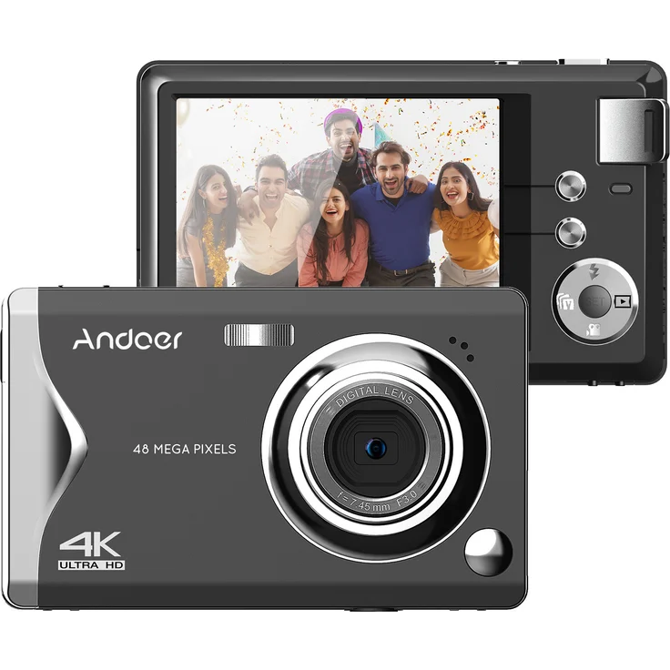 Andoer Tragbare Digitalkamera 48 MP 4K Ultra HD mit 16-fach Zoom, Autofokus, Gesichtserkennung, 3,0 Zoll TFT-Display, Weiß/Schwarz, inkl. 2 Batterien und Handschlaufe