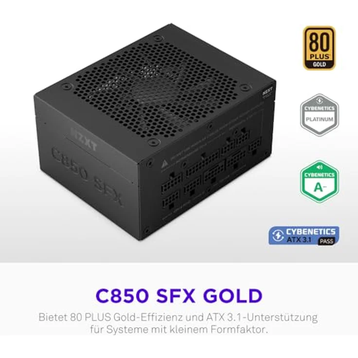 NZXT C850 SFX Gold, 850-Watt SFX-ATX-3.1-Netzteil, 80 Plus Gold, Cybenetics Platinum, vollmodular, PCIe 5.1, 600 W 12 V, 2x6 Anschlüsse, japanische Kondensatoren, schwarz – Bild 2