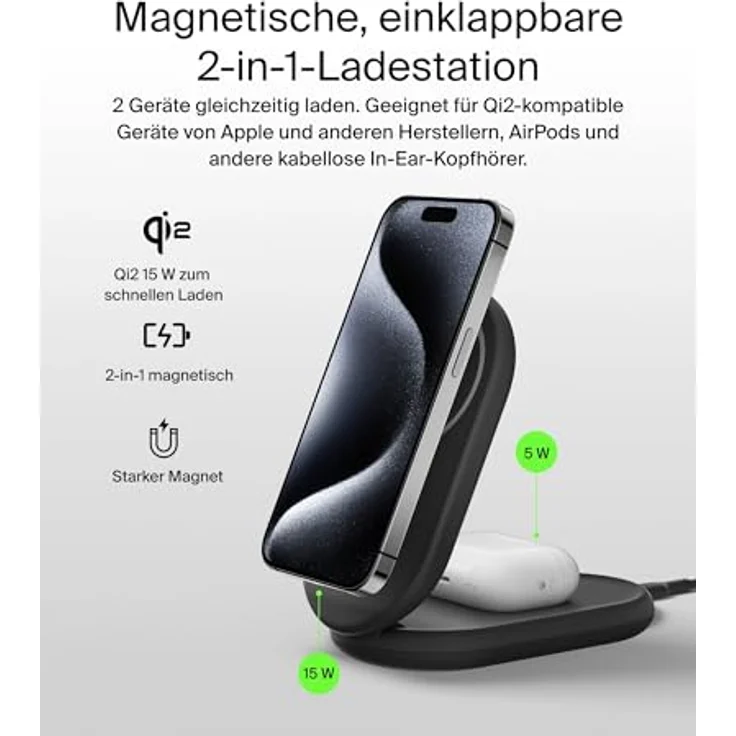Belkin BoostCharge 2-in-1 magnetisches einklappbares Ladegerät Qi2, MagSafe-kompatibles 15 W, Schwarz – Bild 2