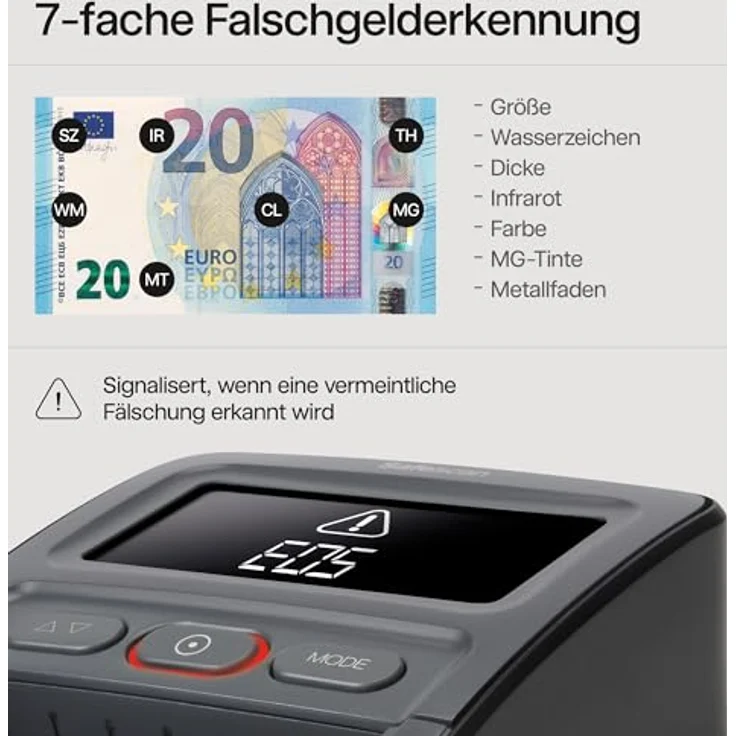 Safescan 155-S Complete, automatischer Geldscheinprüfer mit 7-facher Echtheitsprüfung, inkl. Akku und Banknotenstapler – Bild 4