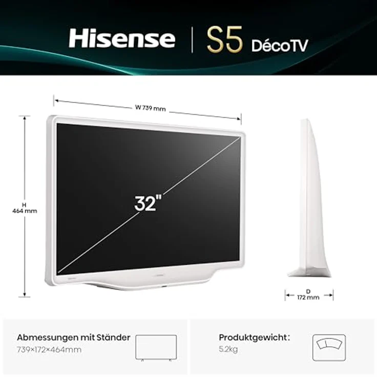 Hisense 32S5Q Deco TV, 80cm (32 Zoll) FHD QLED, HDR10, Dolby Atmos, Morandi-Weiß, Kunst-Inspiriertes Design, WiFi, HDMI, DTS Virtual:X – Bild 2