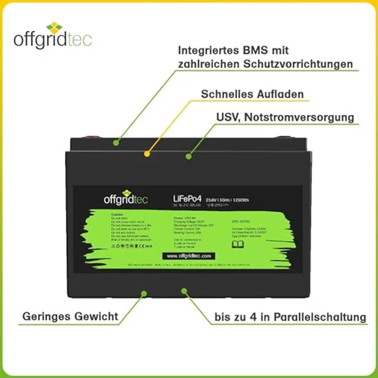 Offgridtec LiFePO4 Akku 25,6/50, 25,6V 50Ah, integriertes BMS, langlebig mit 1280Wh Speicher – Bild 5