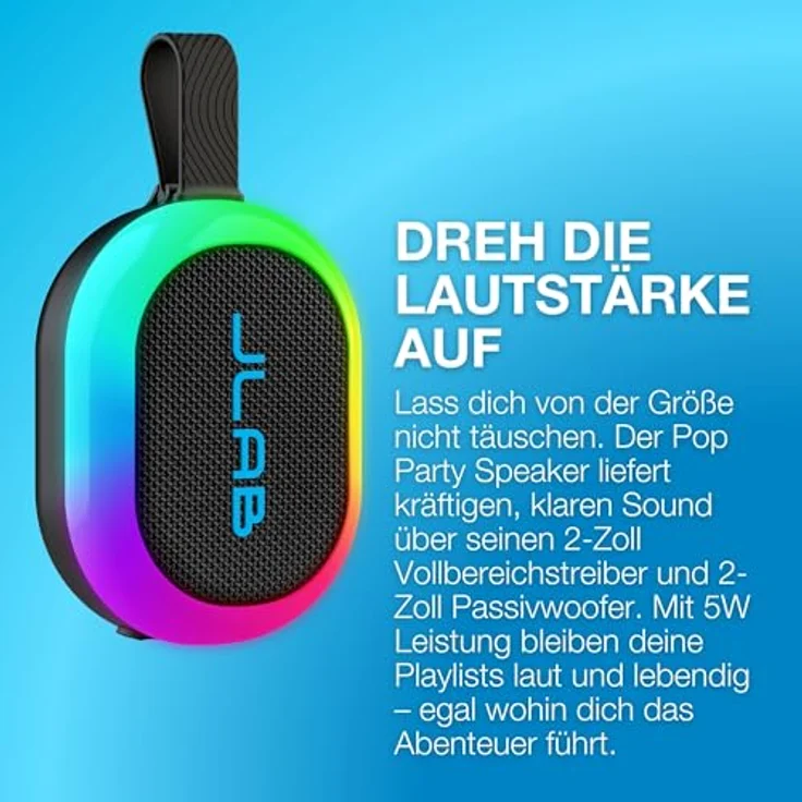 JLab Pop Party, tragbarer Bluetooth-Lautsprecher mit 8+ Std. Akku, 5W, RGB-Licht und IP55-wasserresistent, Schwarz – Bild 4