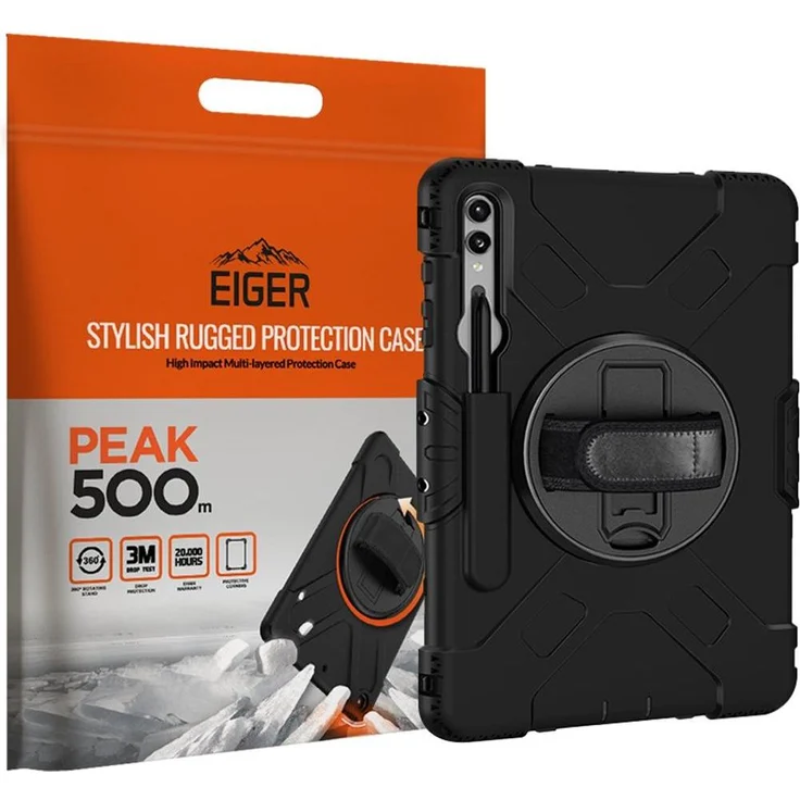 Eiger Peak 500 Case, Tablet Hülle für Galaxy Tab S9+/S9 FE+/S10+, 360° drehbar, schwarz, sturzsicher bis 3 m