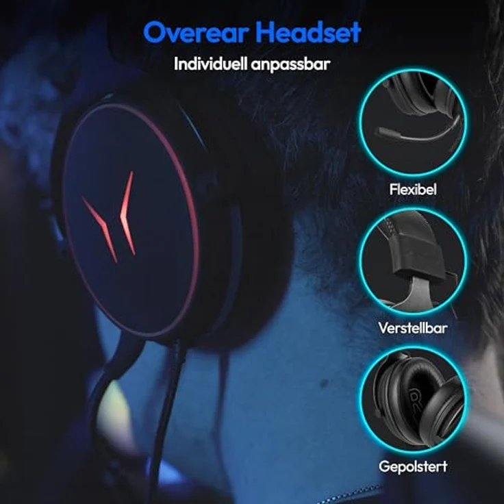 ERAZER Mage P20 Gaming Headset (Over Ear, Flexibles & abnehmbares Mikrofon, RGB Beleuchtung, ES9260Q Soundchip) – Bild 5