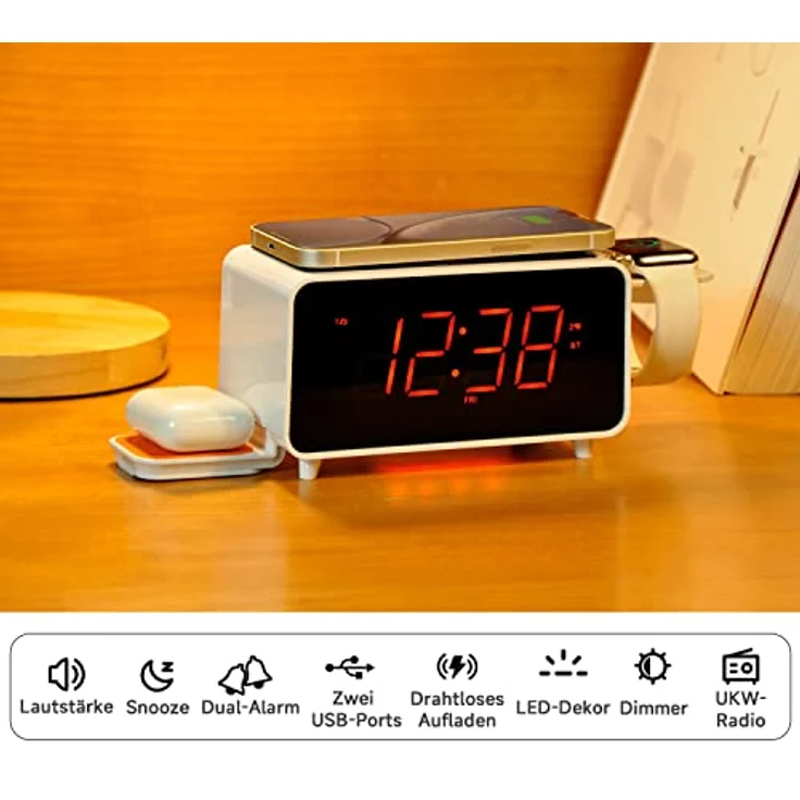 Dual Wireless Charging Radiowecker mit Bluetooth Lautsprecher, FM Radio, Zwei USB Port, Dual Alarm, Snooze, Nachtlicht, Auto manuelle Dimmer Steuerung und 1.4" Orange Display iTOMA CKS209 – Bild 3