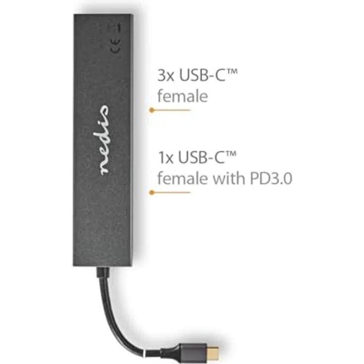 Nedis USB-Hub - 1x USB-C™ 3.2 Gen 2 Male - USB-C™ 3.2 Gen 2 Female with PD 3.0 / 3X USB-C™ 3.2 Gen 2 Female - 4-Port Port(s) - USB 3.2 Gen 2 - Stromversorgung über USB - 10 Gbps – Bild 3