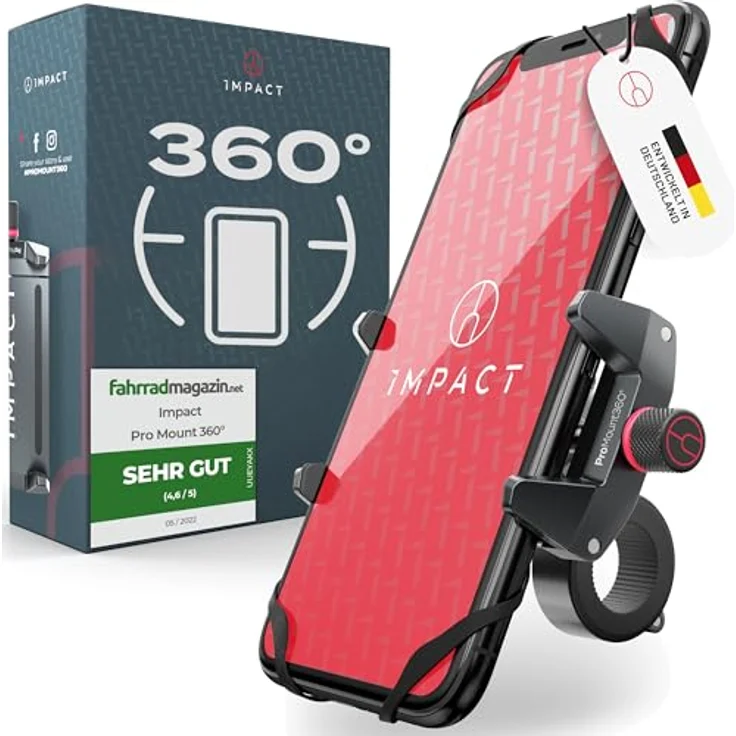 IMPACT® Pro Mount 360° - Handyhalterung Fahrrad [Smartphone KOMPATIBEL 4-7 ZOLL] - Handyhalter Fahrrad - Handyhalterung für Fahrrad Lenker mit Kugelgelenk & Sicherheitsgummi - iPhone 14 15 Pro Max – Bild 1
