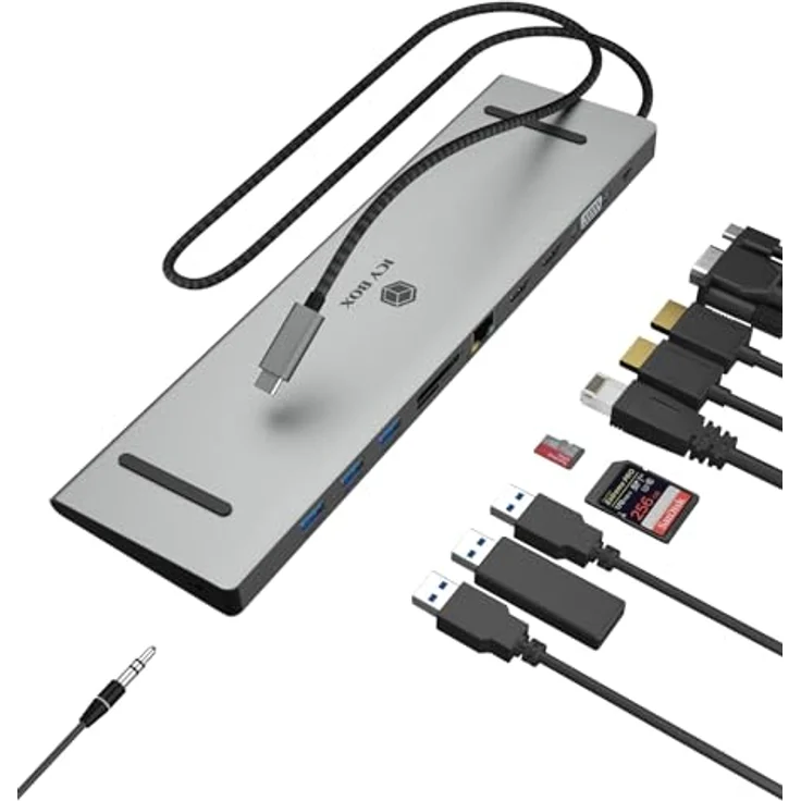 ICY BOX USB-C Dockingstation mit 3-Fach Videoausgang, Power Delivery bis zu 100 W, 2X HDMI, VGA, 3X USB 3.0, SD/microSD Kartenleser, Gigabit LAN, Aluminium-Gehäuse – Bild 3
