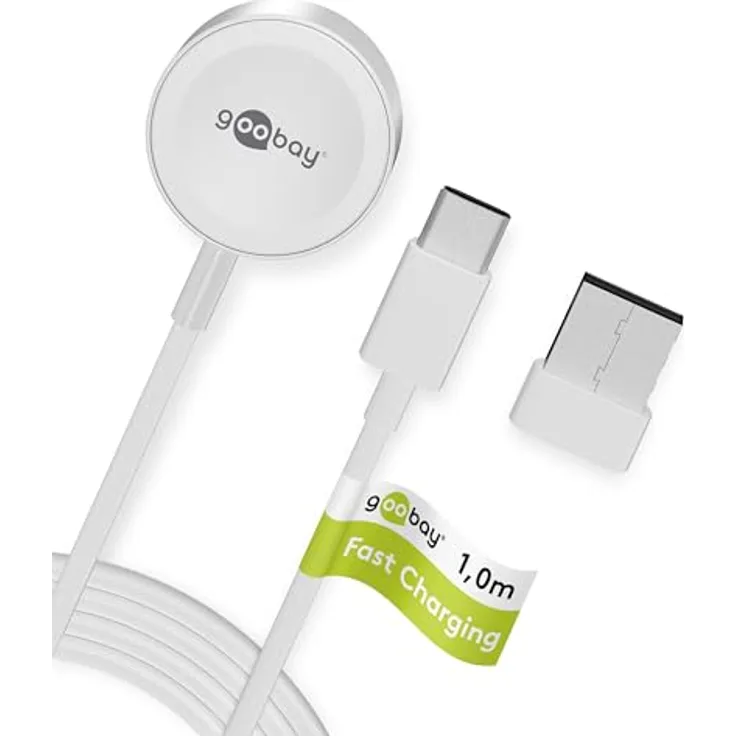goobay Apple Watch Ladekabel USB C 1m / Apple Watch Ultra 2 Ladegerät/Magnet Ladekabel ab Series 2 / Ladestation mit Überladungsschutz, inkl. USB-A Adapter - Effizientes Laden mit induktiver Technologie