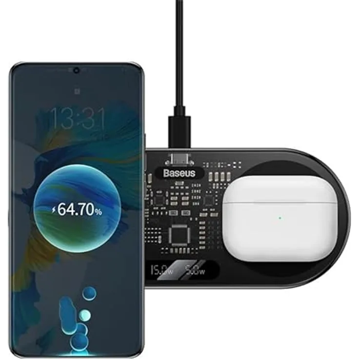BASEUS Wireless Charger Digital LED Display, Dual Charging Platform, with Type-C Cable, 20W Black (WXSX010101)