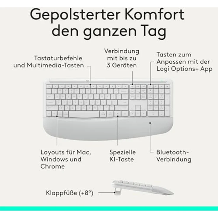 LOGITECH Signature Comfort Plus MK880, kabelloses Maus- und Tastaturset mit ergonomischer Handballenauflage, Off White – Bild 6
