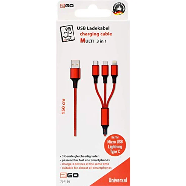 2GO 797150 USB Kabel 1,5 m USB B USB C-Micro-USB B-Lightning Rot – Bild 2