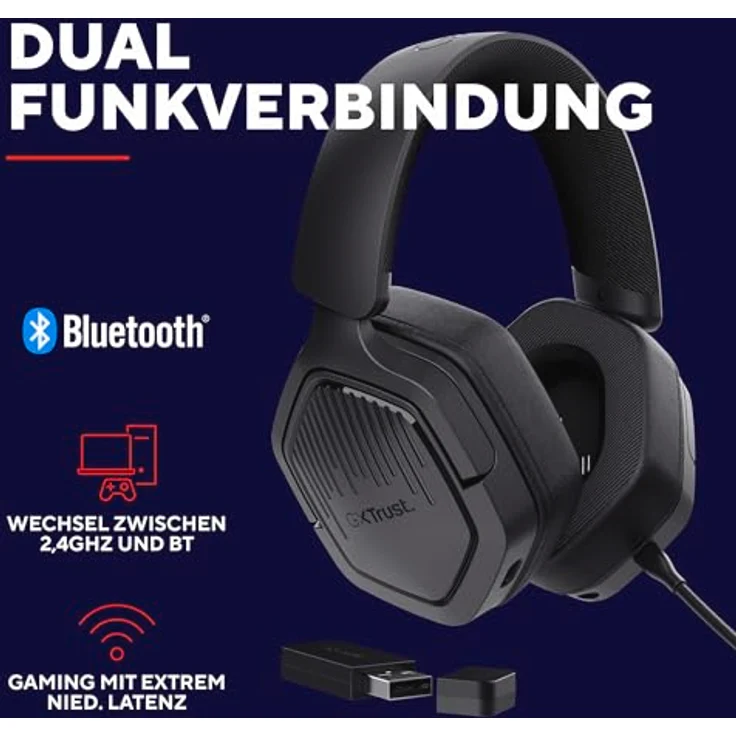 Trust Gaming GXT 1493 Ravox Gaming Headset Wireless Bluetooth + 2.4 GHz, 50mm Treiber, 70H Akkulaufzeit, Over-Ear Kopfhörer Kabellos Bluetooth mit Mikrofon, Schwarz – Bild 3