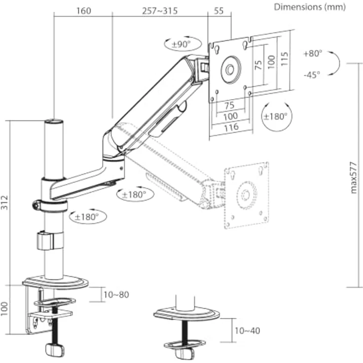 Ergo Office Monitor-Halterung ER-691, Gasfeder für 17–32 Zoll Monitore, stufenlos höhenverstellbar, Tragkraft bis 10 kg, VESA 100×100 – Bild 9