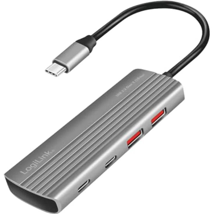 LogiLink UA0413 - Ultra-Slim USB 3.2 Gen2 Hub, 2X USB-A, 2X USB-C, mit PD (Power Delivery), 100 W, Space Grau