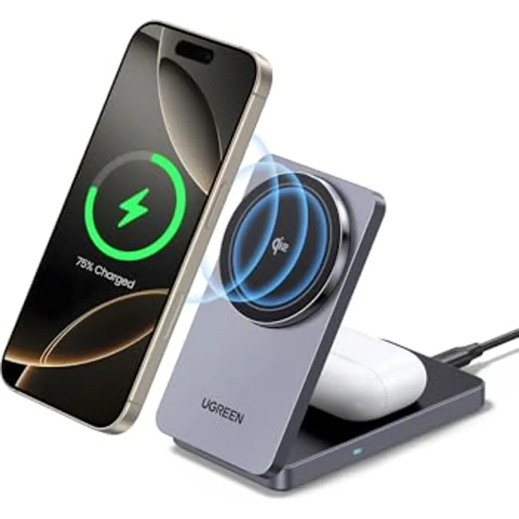 UGREEN MagFlow Qi2 zertifizierte 15W iPhone Ladestation, faltbares Wireless Charger für iPhone 16/15/14/13/12, AirPods 2/3, mit 1M Kabel
