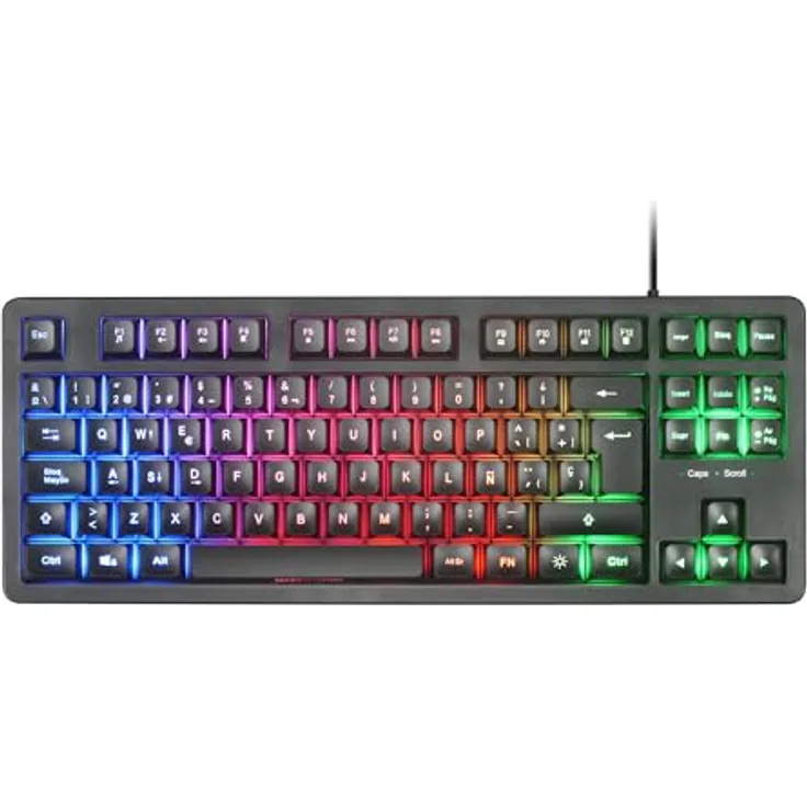 Mars Gaming MK023, TKL Gaming Tastatur mit Hybrid H-Mech Technologie, FRGB Regenbogenbeleuchtung, Anti-Ghosting, universelle Kompatibilität, Schwarz, Spanische Sprache
