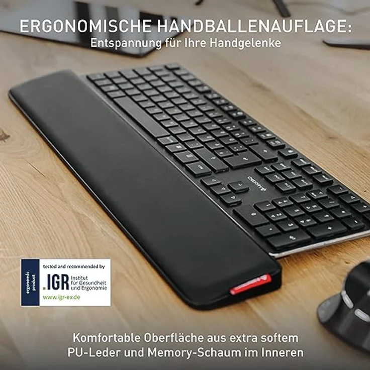 CHERRY PALMREST ERGO, ergonomische Handballenauflage, kompatibel mit jeder Tastatur, ausziehbare Füße, 3 verschiedene Neigungswinkel, extrabreit, schwarz – Bild 2