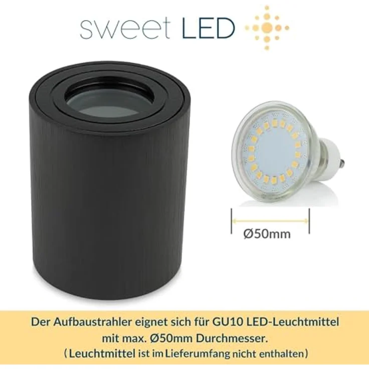 Sweet Led 4 Stück Aufbaustrahler Bad IP44 Aluminium GU10 Deckenspot 95mm Feuchtraum Badezimmer Nassbereich Aufbauleuchte 230V Aufbauspot – schwarz gebürstet, rund – Bild 2