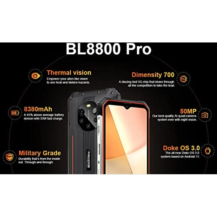 Blackview BL8800 PRO 5G Wärmebildkamera Outdoor Smartphone, 50MP Quad Kamera, Dimensity 700 8GB+128GB, IP68 Schwarz – Bild 2