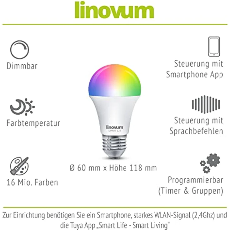 linovum 4er Pack LED Smart Lampe E27 RGBWW, dimmbar per App & Sprache, WLAN Light Bulb, kompatibel mit Alexa und Google Home – Bild 4