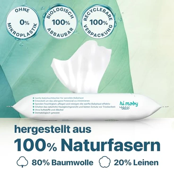 lacely hi moby - Baby Feuchttücher aus Baumwolle und Leinen, mit Bio-Quinoa, ohne Parfüm, ohne Plastik, für empfindliche Babyhaut, biologisch abbaubar - 12er Pack (600 Tücher) – Bild 3