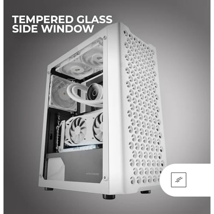 Mars Gaming MC-iPRO, Professionelles ATX-Gehäuse, 3D-Mesh-Frontgitter, Seitenfenster aus Gehärtetem Glas, Ultraleiser 12-cm-FDB-Lüfter, PC-Gehäuse mit Flüssigkeitskühlungsunterstützung, Weiß – Bild 2