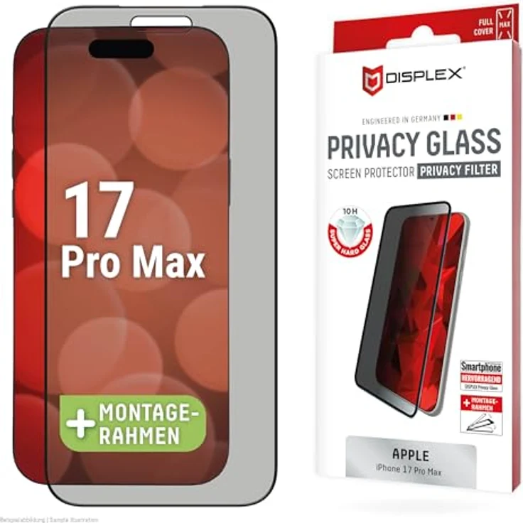 Displex Privacy Glass Full Cover für iPhone 17 Pro Max, Kratzer-resistent mit Montagerahmen und Effektivem Blickschutz – Bild 1