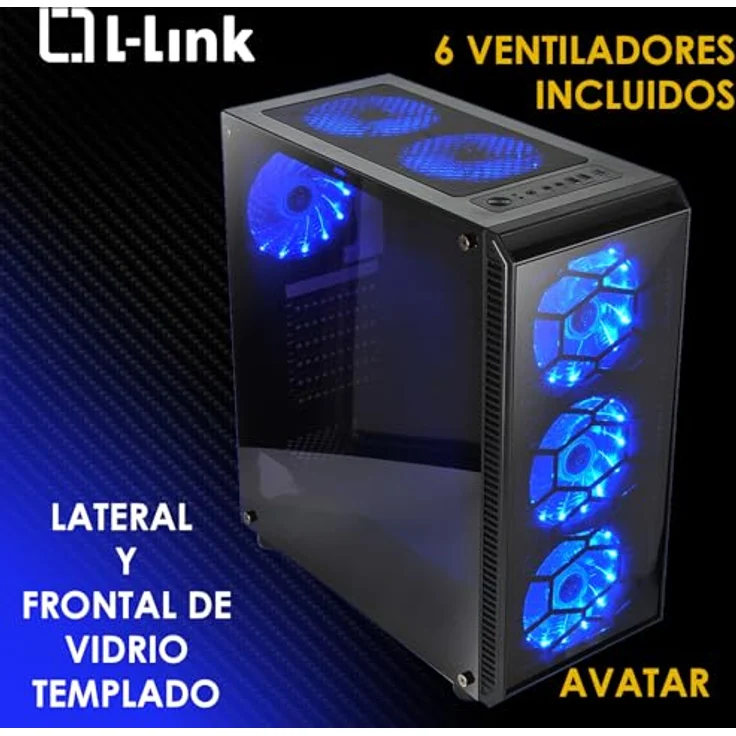 L-Link Avatar LED PC-Tower-Gehäuse, schwarz, mit 6 blauen LED-Lüftern und gehärtetem Glas – Bild 2
