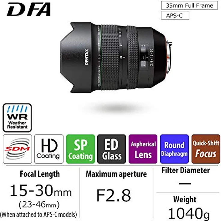 Pentax,HD Pentax-D FA 15-30MM F2.8ED SDM WR W-CASE, Ultraweitwinkel-Zoomobjektiv Hochauflösendes Bild Wetterfeste Konstruktion Extra scharfe Bilder mit hohem Kontrast Hochgeschwindigkeits-AF,schwarz – Bild 2