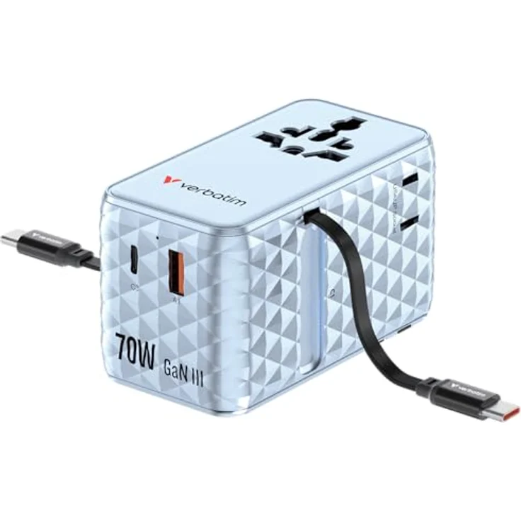 Verbatim Charge 'n' Travel 70W 2C, USB Ladegerät mit 2 Ports und Rückziehfunktion, Blau – Bild 3