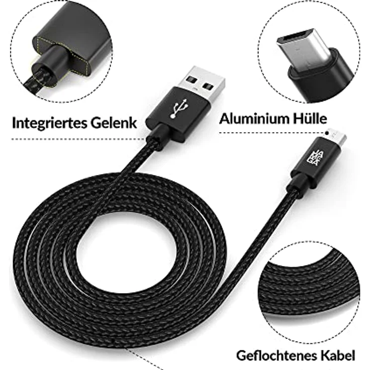 JAMEGA 1m Premium Micro USB Kabel | Nylon geflochtenes Datenkabel für Micro USB Geräte kompatibel mit Samsung, HTC, Huawei, Sony, Nokia, Kindle, PS4 XBOX Controller – Schwarz – Bild 4