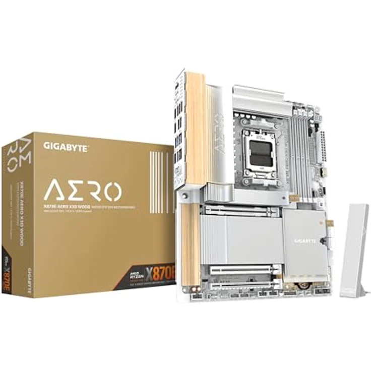 Gigabyte X870E Aero X3D Wood, ATX Mainboard für AMD AM5, 4x DDR5, 4x SATA, 4x M.2, 8x USB 3.2, weiß – Bild 1
