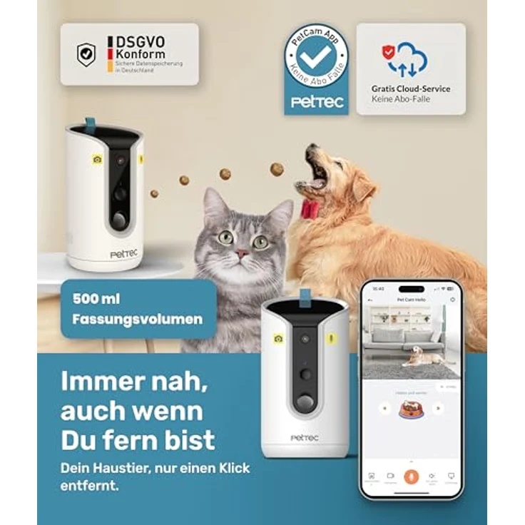 PetTec® Haustierkamera 360° und automatischer Futterspender mit Leckerliauswurf - via App & Multitaste - Bell-Erkennung - 3MP Nachtsichtfunktion - Hundekamera & Katzenkamera – Bild 4