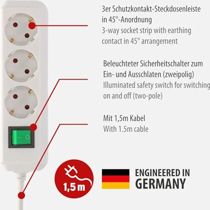 Brennenstuhl, Steckdosenleiste 3-fach (Steckerleiste mit erhöhtem Berührungsschutz, Schalter und 1,5m Kabel) weiß – Bild 2
