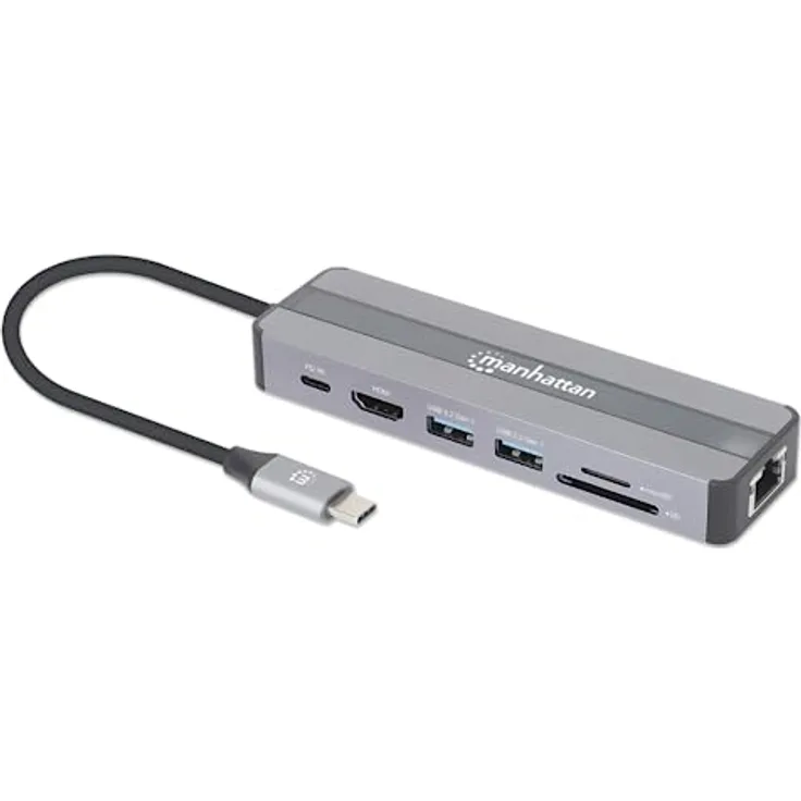 MANHATTAN 7-in-1-Dockingstation USB C-Stecker auf HDMI-Buchse 4K30Hz 2X USB-A 5 Gbit/s Gigabit-RJ45 USB-C PD 87W Kartenleser, silber