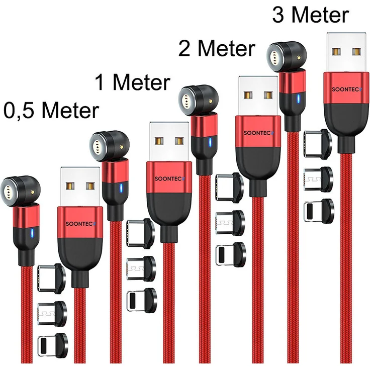 SOONTEC Magnet Ladekabel 4er Set (0,5m+1m+2m+3m) drehbar 360°&180° mit 3 Steckern (Micro USB/USB-C/Lightning), 3,0 A, Rot