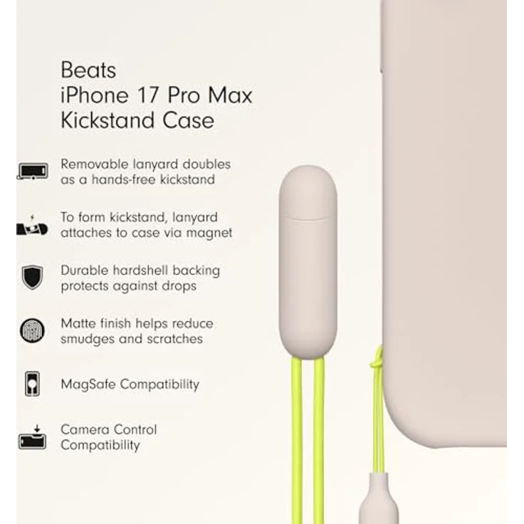 Beats iPhone 17 Pro Max Kickstand Case, MagSafe mit integrierter Kamerasteuerung, abnehmbarem Ständer und Trageschlaufe, matte Kalkstein-Oberfläche mit Mikrofaser-Innenfutter – Bild 2