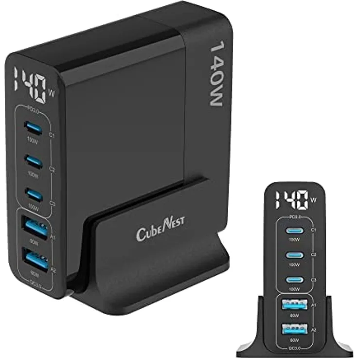 CubeNest 140W USB Ladestation | 2 x USB A + 3 x USB C Ladegerät mit LCD Display | GaN Ladegerät USB C | PD 3.0, 5-Port Power Adapter kompatibel mit MacBook Pro/Air, iPhone 14 Pro Max/Pro/14 usw.