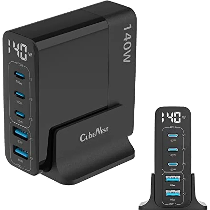 CubeNest 140W USB Ladestation | 2 x USB A + 3 x USB C Ladegerät mit LCD Display | GaN Ladegerät USB C | PD 3.0, 5-Port Power Adapter kompatibel mit MacBook Pro/Air, iPhone 14 Pro Max/Pro/14 usw. – Bild 1