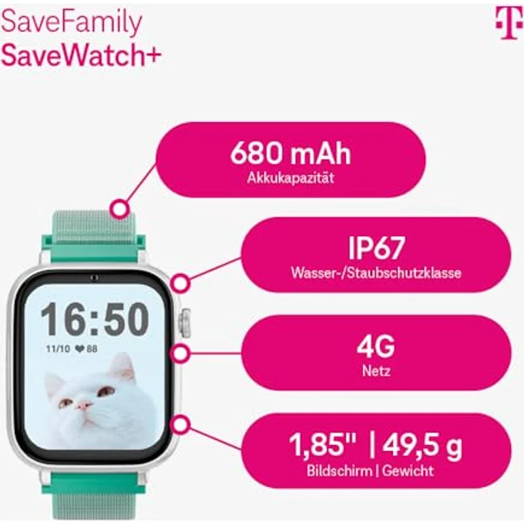 Deutsche Telekom SaveFamily SaveWatch+ Kinder Smartwatch mit GPS, Anruf- und Nachrichtenfunktion, SOS, Schulmodus, Telekom SIM-Karte, 30€ Amazon-Gutschein, Regenbogen | Weiß – Bild 2