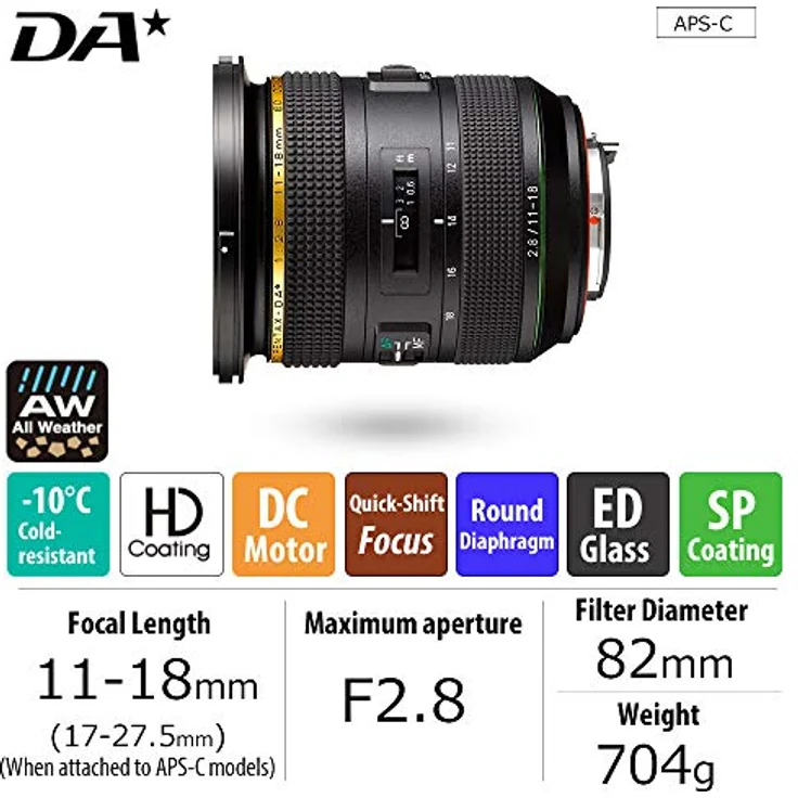 HD PENTAX-DA 11-18 mmF2.8ED DC AW Ultraweitwinkel-Zoomobjektiv 17-27,5 mm (entspricht 35 mm-Format) Wetterbeständig (All Weather, AW) Extra scharfe, kontrastreiche Bilder Frei von Streulicht – Bild 3