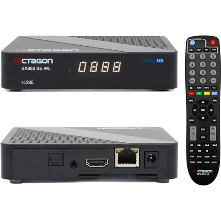 Octagon Octagon SX888 SE V2 WL HD IP Linux Receiver, WiFi WLAN, TV Box, LAN, Mediathek, YouTube, Internet Radio, HDMI CEC, E2TV Multiroom TV Client-System, H.265, Infrarot Kabel, lernbare Fernbedienung, Schwarz – Bild 1