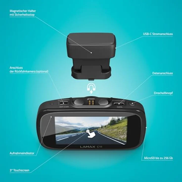 Lamax C11 GPS 4K-Autokamera, 4K Dashcam, 256 GB Speicherkarte, Loop-Aufnahme, Parkmodus, 3M-Magnethalterung – Bild 3
