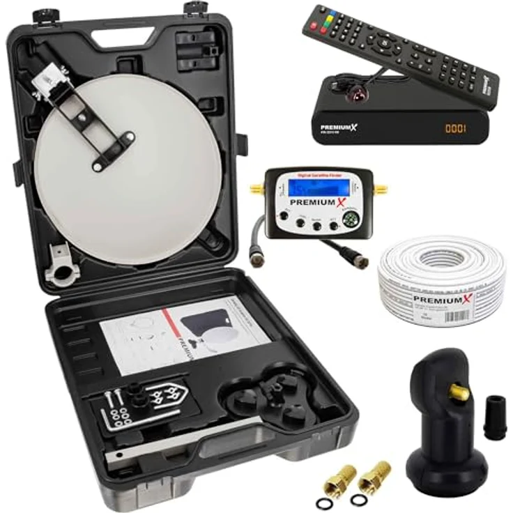 PremiumX Camping SAT Anlage, Satellitenschüssel 35 cm mit Receiver, Sat-Finder und robustem Koffer – Bild 1