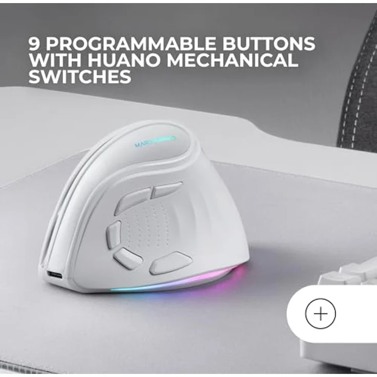 Mars Gaming MM-SK, Kabellose Vertikale Gaming-Maus, Ergonomisches Design, RGB Chroma-Beleuchtung, Pixart 8400DPI Sensor, Huano Mechanische Switches, 9 Programmierbare Tasten, Tri-Mode, Weiß – Bild 4
