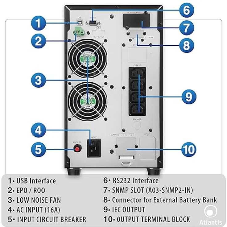 Atlantis A03-OP3002XLN, USV mit 3000 VA, 2100 W, Online-Doppelwandler, reine Sinuswelle, Tower-Ausführung, 4 IEC-Steckdosen, USB, RS232, 12 V – 9 Ah, extrem leise mit 31,3 dBA – Bild 6