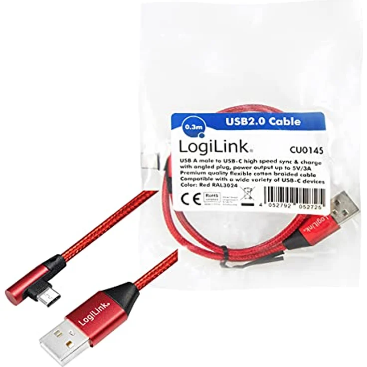 Logilink - USB-Kabel - USB-C (M) gewinkelt bis USB (M) gerade - USB 2.0 - 5 V - 3 A - 30 cm - Rot, RAL 3024 (CU0145) – Bild 10